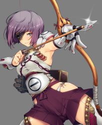 Rule 34 | 1girl, aiming, armor, armpits, arrow (projectile), bow (weapon), breastplate, breasts, closed mouth, cowboy shot, drawing bow, eyepatch, gloves, grey background, grey eyes, hakama, hakama shorts, hakama skirt, highres, hip vent, holding, holding bow (weapon), holding weapon, japanese armor, japanese clothes, lens flare, looking at viewer, outstretched arm, painpa, panties, pauldrons, purple hair, quiver, seiken rensei monhame saga, short hair, shorts, shoulder armor, side-tie panties, simple background, single glove, skirt, sleeveless, smile, solo, stitches, thighhighs, underwear, weapon, white gloves, white panties