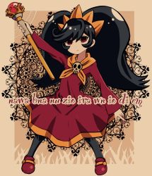 Rule 34 | 1girl, ashley (warioware), backwards text, batchgooya, black hair, black pantyhose, brown background, commentary, dress, full body, hairband, highres, holding, holding wand, long hair, long sleeves, looking at viewer, nintendo, orange hairband, pantyhose, red dress, red eyes, red footwear, skull, solo, twintails, very long hair, wand, warioware, witch