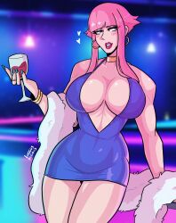 Rule 34 | 1girl, alcohol, bare shoulders, blue dress, blue eyes, breasts, capcom, cup, dress, drinking glass, female focus, gold, highres, jewelry, large breasts, lipstick, makeup, manon legrand, midriff, mole, navel, ornament, pink hair, ring, solo, street fighter, street fighter 6, thick thighs, thighs, tight clothes, wine, wine glass