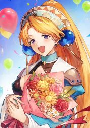 Rule 34 | 1girl, :d, artist request, atelier (series), atelier marie, balloon, blonde hair, bouquet, breasts, cleavage, commentary request, earrings, flower, hair intakes, hairband, holding, holding bouquet, jewelry, long hair, long sleeves, looking at viewer, marie (atelier), medium breasts, official art, open mouth, parted bangs, pink flower, pink rose, ponytail, purple eyes, red flower, red rose, rose, shoulder pads, smile, solo, upper body, yellow flower