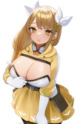 Rule 34 | 1girl, absurdres, belt, black belt, black pantyhose, braid, breasts, brown hair, cleavage, commentary, cowboy shot, fire emblem, fire emblem engage, flashing, gloves, goldmary (fire emblem), grin, hair ribbon, highres, large breasts, long hair, long sleeves, looking at viewer, miniskirt, mole, mole on breast, nemuaki, nintendo, pantyhose, parted lips, pleated skirt, ribbon, shrug (clothing), simple background, skirt, smile, solo, standing, teasing, white background, white gloves, white ribbon, yellow eyes, yellow skirt