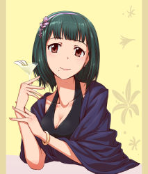 Rule 34 | 1girl, alternate costume, bangle, blunt bangs, blush, bracelet, breasts, brown eyes, cleavage, collarbone, dress, earrings, floral background, flower, formal, green hair, hair flower, hair ornament, hairband, halterneck, hand up, holding, holding own arm, idolmaster, idolmaster (classic), jewelry, looking at viewer, martini, mole, mole under mouth, otonashi kotori, pillarboxed, red eyes, shawl, short hair, smile, solo, tokage (seiga5989326), upper body, yellow background