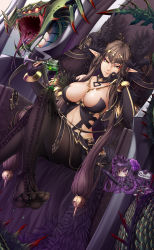 Rule 34 | 1girl, breasts, brown hair, cleavage, fate/apocrypha, fate (series), feet, frills, glass, highres, large breasts, crossed legs, long hair, looking at viewer, pantyhose, pointy ears, pov, semiramis (fate), sitting, slit pupils, smile, soles, throne, toes, very long hair, yellow eyes