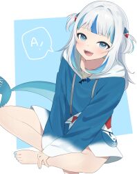 Rule 34 | 1girl, absurdres, artist request, barefoot, blue eyes, blue hair, blue hoodie, blue nails, blunt bangs, fins, fish tail, gawr gura, hair ornament, highres, hololive, hololive english, hood, hoodie, legs folded, long hair, looking at viewer, multicolored hair, open mouth, shark girl, shark tail, sharp teeth, short twintails, sidelocks, simple background, sitting, speech bubble, stitches, streaked hair, tail, teeth, twintails, two-tone hair, virtual youtuber, white hair