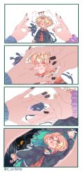 Rule 34 | 2girls, 4koma, ahoge, bell, black cat, blonde hair, cardigan, cat, comic, commentary, english commentary, female pov, green eyes, hair ornament, hairclip, hat, highres, jingle bell, looking at viewer, lucie (millie parfait), mahiwagang sorbetes, meloco kyoran, millie parfait, multiple girls, nail polish, nijisanji, nijisanji en, orange cardigan, pov, pov hands, shirt, short hair, topknot, virtual youtuber