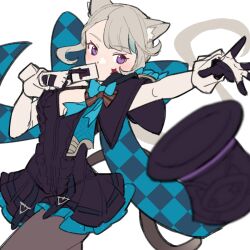 Rule 34 | 1girl, animal ears, black dress, card, cat ears, cat tail, do m kaeru, dress, genshin impact, gloves, grey hair, hat, holding, holding card, looking at viewer, lynette (genshin impact), multicolored clothes, multicolored gloves, pantyhose, purple eyes, tail, top hat, white background, white gloves
