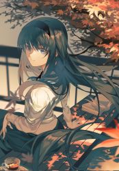 Rule 34 | 1girl, artist request, autumn, autumn leaves, bench, black hair, black headband, black neckwear, black skirt, blue eyes, book, closed mouth, commentary request, cup, floating hair, hair between eyes, headband, highres, leaf, long hair, long sleeves, looking at another, looking at viewer, shirt, sitting, skirt, solo, teacup, tohno akiha, tree, tsukihime, tsukihime (remake), white shirt, wooden bench