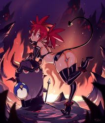 Rule 34 | 1girl, ass, bad id, bad tumblr id, bat wings, blush, boots, breasts, demon girl, demon tail, disgaea, earrings, elbow gloves, etna (disgaea), full body, gloves, high heel boots, high heels, jewelry, leaning forward, looking at viewer, makai senki disgaea, microskirt, mini wings, optionaltypo, panties, pantyshot, pointy ears, prinny, red eyes, red hair, skirt, skull earrings, small breasts, solo, standing, tail, thigh boots, thighhighs, underwear, white panties, wings