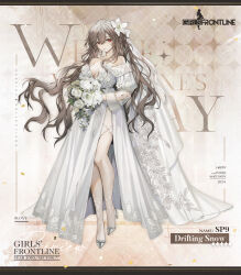 Rule 34 | 1girl, 2024, bouquet, breasts, bridal veil, brown hair, character name, cleavage, closed mouth, collarbone, commentary, copyright name, dress, english commentary, english text, flower, full body, girls&#039; frontline, grey footwear, hair between eyes, hair flower, hair ornament, high heels, highres, holding, holding bouquet, long hair, looking at viewer, medium breasts, mole, mole under eye, off-shoulder dress, off shoulder, official alternate costume, official art, promotional art, red eyes, second-party source, simple background, solo, sp9 (drifting snow) (girls&#039; frontline), sp9 (girls&#039; frontline), standing, strapless, strapless dress, veil, very long hair, wedding dress, white day, white dress, white flower, youamo