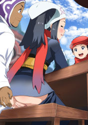 Rule 34 | 1girl, 2boys, after fingering, age difference, akari (pokemon), beanie, bench, black hair, blurry, blush, censored, cleft of venus, closed eyes, clothes pull, cloud, commentary request, creatures (company), dark-skinned male, dark skin, day, eyelashes, facial hair, from below, fuyumi kazuki, game freak, grey jacket, grey skirt, hat, head scarf, hetero, interracial, jacket, lab coat, laventon (pokemon), long hair, long sleeves, mosaic censoring, multiple boys, nintendo, no panties, open mouth, outdoors, pantyhose, pantyhose pull, pokemon, pokemon legends: arceus, ponytail, purple headwear, pussy, pussy juice, pussy juice trail, red headwear, red scarf, rei (pokemon), scarf, sidelocks, sitting, skirt, sky, sweatdrop, table, teeth, tongue, trembling, upper teeth only, white headwear