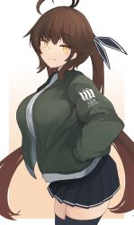 Rule 34 | antenna hair, b6 (b6 n2), black thighhighs, blue skirt, border, breasts, brown hair, from side, girls&#039; frontline, gradient background, green jacket, highres, jacket, large breasts, long hair, looking at viewer, m14 (girls&#039; frontline), open clothes, open jacket, pleated skirt, shirt, skirt, smile, thighhighs, twintails, white border, white shirt, yellow eyes