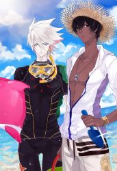 Rule 34 | 2boys, 9tsumura, alternate costume, arjuna (fate), bad id, bad pixiv id, bare pectorals, beach, black hair, blue sky, closed mouth, cloud, cloudy sky, collarbone, colored skin, commentary request, dark-skinned male, dark skin, day, fate/apocrypha, fate/grand order, fate (series), gluteal fold, gold trim, goldion hammer, green eyes, hair between eyes, holding, hood, hood down, hooded jacket, jacket, jewelry, karna (fate), long sleeves, looking at viewer, male focus, multiple boys, necklace, ocean, outdoors, pale skin, pectorals, skin tight, skinny, sky, spiked hair, standing, sunlight, thigh gap, toned, unzipped, very dark skin, white hair, white skin