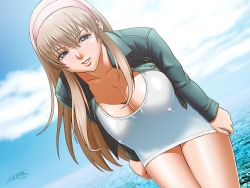 Rule 34 | 1girl, blue eyes, breasts, brown hair, cleavage, dead or alive, covered erect nipples, hairband, hitomi (doa), jacket, long hair, no bra, no pants, ocean, pull, pulling, shirt tug, solo, source request, tatsunami youtoku, tecmo