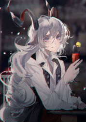 Rule 34 | 1boy, absurdres, animal ears, arknights, black vest, champagne flute, commentary, cup, drinking glass, goat ears, goat horns, hair between eyes, highres, holding, holding cup, horns, ikag, kreide (arknights), long hair, looking at viewer, male focus, purple eyes, shirt, smile, solo, upper body, vest, white hair, white shirt