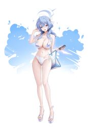 1girl absurdres ako_(blue_archive) alternate_costume bag bare_legs bare_shoulders bikini blue_archive blue_eyes blue_halo blush breasts commentary dora_(garyeong) earrings full_body hair_ornament halo highres holding holding_phone jewelry large_breasts legs looking_at_viewer medium_hair navel open_mouth phone sandals shoulder_bag simple_background smile solo stomach swimsuit toes two-tone_background white_background white_bikini