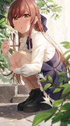 Rule 34 | 1girl, absurdres, black footwear, black skirt, blurry, blurry foreground, boots, brown hair, commentary request, flower, half updo, highres, holding, holding flower, hugging own legs, idolmaster, idolmaster shiny colors, kurageso, long hair, long sleeves, looking at viewer, looking up, meme attire, miniskirt, neck ribbon, osaki amana, puffy sleeves, ribbon, shirt, skirt, solo, squatting, swept bangs, virgin killer outfit, white shirt, yellow eyes