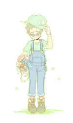 Rule 34 | 1boy, blue flower, blue overalls, blue pants, blush, boots, bouquet, brown footwear, brown hair, buttons, closed eyes, commentary request, facial hair, fire flower, flower, full body, gloves, green hat, green outline, green shirt, grin, hand up, hat, highres, holding, holding bouquet, holding clothes, holding hat, ice flower, kayako (bimabima), luigi, male focus, mario (series), mustache, nintendo, outline, overalls, pants, pink flower, raised eyebrows, red flower, shirt, short hair, short sleeves, simple background, smile, socks, solo, standing, star (symbol), striped clothes, striped socks, super star (mario), teeth, unworn hat, unworn headwear, white background, white flower, white gloves, yellow flower