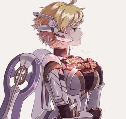 Rule 34 | 1girl, ahoge, armor, blonde hair, breasts, cyborg, detached sleeves, fiora (xenoblade), green eyes, mecha-fiora, medium breasts, short hair, simple background, solo, wings, xenoblade chronicles 1, xenoblade chronicles (series), yamayamag1