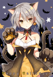 Rule 34 | 1girl, :o, animal, animal ears, animal hands, bare shoulders, bat (animal), blush, breasts, brown eyes, building, cat ears, cat girl, cat tail, cleavage, collarbone, commentary, earrings, girls&#039; frontline, gloves, grey hair, hair between eyes, happy halloween, head tilt, jack-o&#039;-lantern, jack-o&#039;-lantern earrings, jewelry, long hair, looking at viewer, mauve, medium breasts, night, night sky, official alternate costume, parted lips, paw gloves, pleated skirt, skirt, sky, solo, star (symbol), tail, tail raised, vector (girls&#039; frontline), vector (kitty paws) (girls&#039; frontline), yellow skirt