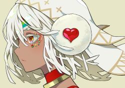 Rule 34 | 1girl, altera (fate), altera the santa (fate), bell, candy, candy cane, collar, dark-skinned female, dark skin, earmuffs, fate/grand order, fate (series), food, hair between eyes, heart, highres, lam (ramdayo), medium hair, portrait, profile, red eyes, simple background, snowflakes, solo, symbol-shaped pupils, white hair, wreath, yellow background