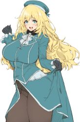 Rule 34 | 1girl, aqua eyes, atago (kancolle), beret, black gloves, black pantyhose, blonde hair, blue hat, blush, breasts, gloves, hat, highres, kantai collection, large breasts, long hair, long sleeves, looking at viewer, open mouth, pantyhose, simple background, solo, teeth, uniform, upper teeth only, very long hair, white background, whoosaku