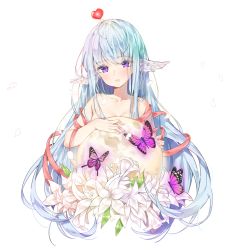 Rule 34 | 1girl, agnamore, ahoge, animal, bad id, bad pixiv id, bare shoulders, blue hair, blush, bug, butterfly, collarbone, commentary request, flower, head wings, heart, highres, insect, long hair, looking at viewer, nail polish, orb, original, parted lips, petals, purple eyes, purple nails, simple background, solo, upper body, very long hair, white background, white flower, wings