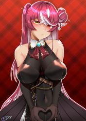 Rule 34 | 1girl, :o, absurdres, asymmetrical hair, bare shoulders, black dress, black gloves, blush, breasts, cleavage, covered navel, cowboy shot, dress, elbow gloves, gloves, hair bun, heart, heart hands, heterochromia, highres, hololive, houshou marine, houshou marine (marching band), impossible clothes, impossible dress, large breasts, looking at viewer, multicolored hair, one side up, parted lips, plaid, plaid background, pleated dress, purple hair, red background, red eyes, see-through, see-through cleavage, shinkai toro, signature, single hair bun, single side bun, solo, two-tone hair, virtual youtuber, white hair, yellow eyes