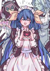 Rule 34 | 1boy, 2girls, absurdres, apron, blue hair, blush, closed eyes, commentary request, dizzy (guilty gear), frilled apron, frills, guilty gear, guilty gear xrd, hair between eyes, hair ribbon, hair rings, heart, heart hands, highres, ktknpdy, long hair, long sleeves, maid, maid apron, multiple girls, necro (guilty gear), open mouth, ribbon, sidelocks, simple background, smile, undine (guilty gear), white background, wide-eyed, wrist cuffs, yellow ribbon