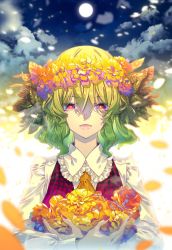 Rule 34 | ascot, cloud, collar, collared shirt, commentary request, flower, flower wreath, frilled collar, frills, full moon, green hair, head wreath, holding, holding flower, kazami yuuka, long sleeves, looking at viewer, moon, nail polish, open mouth, petals, red eyes, red vest, shirt, solo, touhou, upper body, vest, white shirt, wreath, yellow ascot, zounose