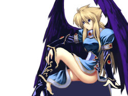 Rule 34 | 1girl, angel wings, arm support, armlet, armor, armored dress, black wings, blonde hair, blue eyes, boots, breasts, breath of fire, breath of fire ii, bridal gauntlets, dress, feathers, gem, high heels, jewelry, knee boots, legs, long hair, long legs, looking away, matsuki (artist), matsuki akira, necklace, nina (breath of fire ii), profile, shoes, side slit, sidelocks, simple background, sitting, smile, solo, thighs, very long hair, wings