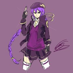 Rule 34 | 00s, 1girl, alternate costume, bad id, bad tumblr id, beret, braid, cropped jacket, cropped legs, eltnum, fingerless gloves, french-bread, gloves, hair ribbon, hat, long hair, melty blood, necktie, purple eyes, purple hair, red seiryu, ribbon, single braid, sion eltnam atlasia, skirt, solo, string, sweater, thighhighs, tsukihime, under night in-birth, v-neck, very long hair, white thighhighs, zettai ryouiki
