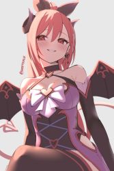Rule 34 | 1girl, black legwear, blush, demon girl, demon horns, demon tail, demon wings, horns, io (princess connect!), princess connect!, red eyes, red hair, skeptycally, tail, wings