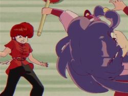 Rule 34 | 1990s (style), 3d, animated, animated gif, ass, black pants, blue eyes, braid, braided ponytail, breasts, chinese clothes, eyeshadow, fighting, hair bun, jumping, kicking, large breasts, long hair, looking at another, makeup, official style, ogino yuichiro, outdoors, pants, purple hair, ranma-chan, ranma 1/2, red eyes, red hair, retro artstyle, running, serious, shampoo (ranma 1/2), short sleeves, simple background, single braid, sky, tangzhuang, thick thighs, thighs, very long hair, video, violence, walking