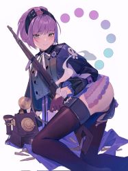 Rule 34 | arm support, ass, blue eyes, bolt action, bullet, carcano, carcano m91/38 (girls&#039; frontline), girls&#039; frontline, gloves, gun, highres, holding, holding weapon, kneeling, looking at viewer, military, phonograph, purple hair, rifle, sakura (1723231388), solo, tears, thighhighs, torn clothes, torn thighhighs, uniform, weapon, white background