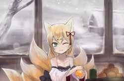 Rule 34 | 1girl, animal ear fluff, animal ears, bare shoulders, fox ears, green eyes, japanese clothes, long hair, markings, mon-musu quest!, multiple tails, one eye closed, red ribbon, ribbon, smile, snow, solo, tail, tamamo (mon-musu quest!), tattoo, un do, wink