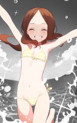 Rule 34 | 1girl, ^ ^, aged down, arms up, bad id, bad pixiv id, barefoot, beach, bikini, brown hair, closed eyes, commentary request, doremi (doremi4704), fate/grand order, fate (series), flat chest, front-tie bikini top, front-tie top, grin, korean commentary, leg up, leonardo da vinci (fate), leonardo da vinci (fate/grand order), leonardo da vinci (rider) (fate), long hair, navel, outdoors, outstretched arms, parted bangs, side-tie bikini bottom, sidelocks, smile, solo, splashing, spot color, standing, standing on one leg, striped bikini, striped clothes, swimsuit, wading, yellow bikini