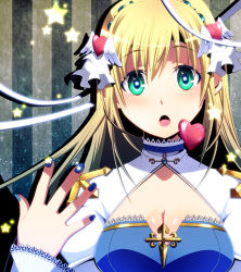 Rule 34 | 1girl, :o, arch bishop (ragnarok online), blonde hair, blue dress, blue nails, breasts, cleavage, cleavage cutout, clothing cutout, commentary request, dress, feathered wings, frilled sleeves, frills, gem, green eyes, hairband, heart, juliet sleeves, long hair, long sleeves, looking at viewer, medium breasts, nail polish, nip sakazuki, open mouth, puffy sleeves, ragnarok online, solo, star-shaped pupils, star (symbol), striped, striped background, symbol-shaped pupils, two-tone dress, upper body, vertical stripes, white dress, white wings, winged heart, wings