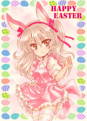 Rule 34 | 10s, 1girl, animal ears, bow, brown eyes, closed mouth, commentary request, dress, dress shirt, easter egg, egg, english text, frilled dress, frills, girls und panzer, hair ribbon, happy easter, holding, kemonomimi mode, kuromori yako, large bow, light brown hair, long hair, looking at viewer, pink dress, pink ribbon, pink thighhighs, puffy short sleeves, puffy sleeves, rabbit ears, ribbon, shimada arisu, shirt, short dress, short sleeves, side ponytail, skirt hold, smile, solo, standing, striped clothes, striped thighhighs, thighhighs, white shirt, wing collar