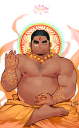 Rule 34 | 1boy, bara, barefoot, belly, black hair, buzz cut, character request, chest hair, dark-skinned male, dark skin, facial hair, fat, fat man, flower, goatee, gomtang, indian, indian clothes, lotus, lotus position, male focus, mature male, muscular, muscular male, nipples, one eye closed, open clothes, pectorals, short hair, sideburns, sitting, smile, solo, stomach, thick eyebrows, tokyo houkago summoners, very short hair