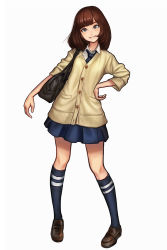 Rule 34 | 1girl, bag, blue necktie, blue skirt, blue socks, brown eyes, brown footwear, brown hair, buttons, cardigan, collared shirt, full body, grin, hand on own hip, head tilt, highres, jungon kim, kneehighs, kyary pamyu pamyu, loafers, long sleeves, looking at viewer, necktie, no pupils, pleated skirt, ponponpon, real life, shirt, shoes, shoulder bag, simple background, skirt, sleeves pushed up, smile, socks, solo, white background, white shirt
