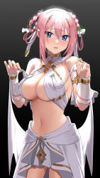 Rule 34 | 1girl, absurdres, black background, blue eyes, braid, braided hair rings, breasts, gou d, gradient background, hair between eyes, hair ornament, hair rings, hands up, highres, large breasts, looking at viewer, navel, open mouth, pink hair, princess connect!, short hair, simple background, solo, underboob, wavy mouth, yui (ceremonial) (princess connect!), yui (princess connect!)