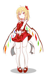 Rule 34 | 1girl, absurdres, adapted costume, back bow, blonde hair, bow, collared shirt, crystal, flandre scarlet, frilled shirt collar, frills, full body, furagu, hair bow, highres, large bow, looking at viewer, mary janes, medium hair, miniskirt, multicolored wings, no headwear, one side up, pigeon-toed, pointy ears, red bow, red eyes, red shirt, red skirt, shirt, shoes, simple background, skirt, sleeveless, sleeveless shirt, solo, standing, thighhighs, touhou, white background, white bow, white thighhighs, wings