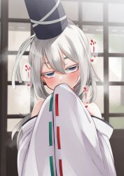 Rule 34 | 1girl, bare shoulders, blurry, blurry background, blush, commentary request, covering own mouth, detached sleeves, eyebrows hidden by hair, grey eyes, grey hair, hair between eyes, half-closed eyes, hands up, hat, head tilt, high ponytail, highres, indoors, long hair, momendoufu, mononobe no futo, sleeves past fingers, sleeves past wrists, solo, sound effects, tate eboshi, touhou, upper body, variant set, very long hair, wide sleeves