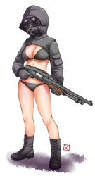 Rule 34 | 1girl, ankle boots, bikini, black bikini, black footwear, boots, breasts, cross-laced footwear, ebifly, full body, gas mask, gun, holding, holding gun, holding weapon, hood, large breasts, mask, original, pump action, remington 870, shotgun, shrug (clothing), signature, simple background, solo, swimsuit, trigger discipline, weapon, white background