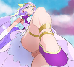 Rule 34 | 1girl, anklet, armpits, blue eyes, closed mouth, cloud, cure earth, elbow gloves, fuurin asumi, gloves, haruyama kazunori, healin&#039; good precure, jewelry, legs, long hair, looking at viewer, magical girl, precure, purple hair, shoes, solo, standing, very long hair, white gloves