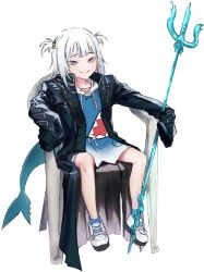 Rule 34 | 1girl, bare legs, black coat, blue hair, blue hoodie, coat, cosplay, devil may cry (series), devil may cry 5, fins, fish tail, full body, gawr gura, gawr gura (1st costume), gold trim, hair ornament, holding, holding weapon, hololive, hololive english, hood, hoodie, hyde (tabakko), long sleeves, meme, multicolored hair, open clothes, open coat, parody, polearm, shark hair ornament, shark tail, shoes, silver hair, sitting, smile, solo, streaked hair, tail, transparent background, trident, two side up, vergil (cosplay), vergil (devil may cry), virtual youtuber, weapon, white footwear