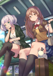 Rule 34 | 2girls, animal, bag, bench, blue skirt, blue sky, blush, breasts, brown eyes, brown hair, brown jacket, brown legwear, brown shirt, brown shorts, bus stop, buttons, can, cleavage, closed mouth, cloud, coat, collarbone, collared shirt, cropped jacket, day, from below, green coat, green eyes, hand up, head rest, highres, holding, holding can, jacket, jewelry, kneehighs, long hair, looking at viewer, medium breasts, miniskirt, mosta (lo1777789), multiple girls, neck ribbon, necklace, open clothes, open coat, original, outdoors, parted lips, pleated skirt, red neckwear, ribbon, shirt, short sleeves, shorts, shoulder bag, sidelocks, silver hair, sitting, skirt, sky, smile, socks, thighhighs, tree, undershirt, white shirt, wing collar, wristband