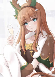 Rule 34 | 1girl, absurdres, alcohol, animal ears, antlers, bell, black choker, black dress, blue eyes, blunt bangs, blush, brown capelet, capelet, champagne, champagne flute, choker, christmas, commentary, cup, dress, drinking glass, ear covers, fake antlers, fur-trimmed capelet, fur-trimmed thighhighs, fur trim, highres, holding, holding cup, horns, horse ears, horse girl, horse tail, long hair, looking at viewer, mino (mii mt), neck bell, orange hair, reindeer antlers, silence suzuka (umamusume), sitting, solo, sparkle, tail, thighhighs, twitter username, umamusume, white thighhighs
