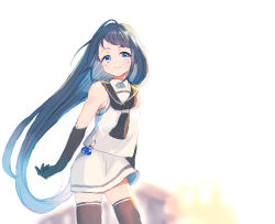 Rule 34 | 1girl, black gloves, black thighhighs, blue eyes, blue hair, cowboy shot, elbow gloves, gloves, gradient hair, ima (minitomato123), kantai collection, long hair, multicolored hair, samidare (kancolle), school uniform, serafuku, shirt, sleeveless, sleeveless shirt, solo, swept bangs, thighhighs, very long hair, zettai ryouiki