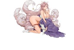 Rule 34 | 1girl, animal ears, areola slip, ass, bell, fake tail, fox ears, fox tail, full body, game cg, grin, hanbok, highres, korean clothes, kyuubi, last origin, legs, long hair, looking at viewer, miho (last origin), multiple tails, name connection, official art, pink eyes, pink hair, pun, rorobomb, smile, solo, tachi-e, tail, tail bell, tail ornament, transparent background, very long hair